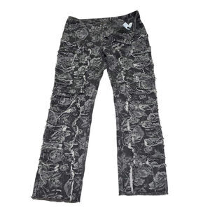 Black Floral Tapestry Shredded Jeans Distressed Jacquard Grunge Y2K Straight 36